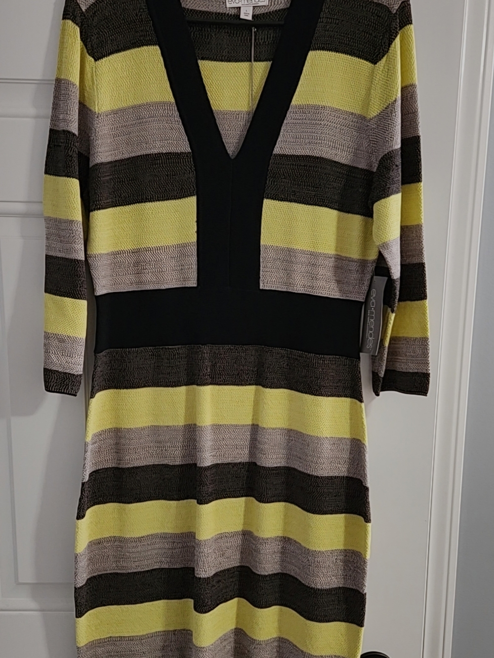 New York & Company Neon Green, Lt. Grey & Dk. Grey Striped V-Neck Midi Dress